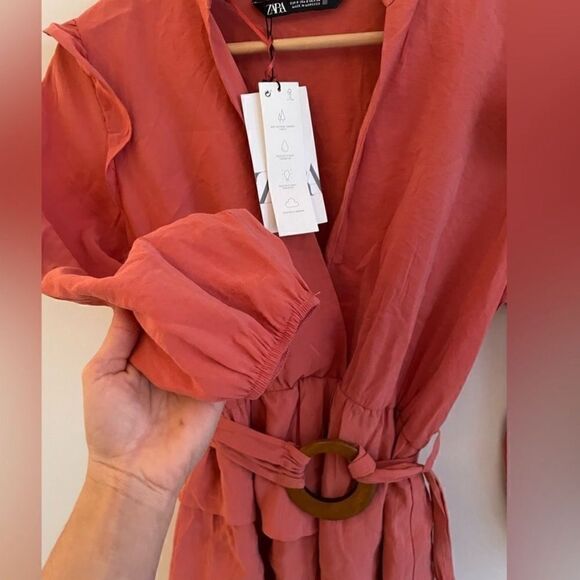 NWOT Zara Ruffled Mini Dress Long Sleeve Peach - Picture 7 of 9